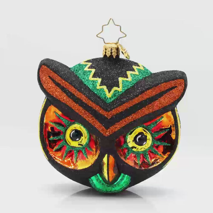 Hoot of the Night ornament. This owl features spooky eyes, vibrant colors of glittering black, yellow, orange, and green. Video.