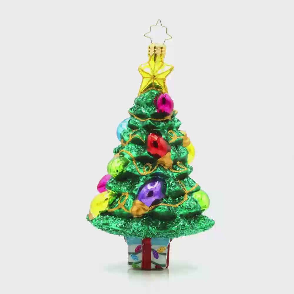 Radiant Evergreen Pine ornament. This Christmas tree has oversized lights that sparkle and glow. Video.