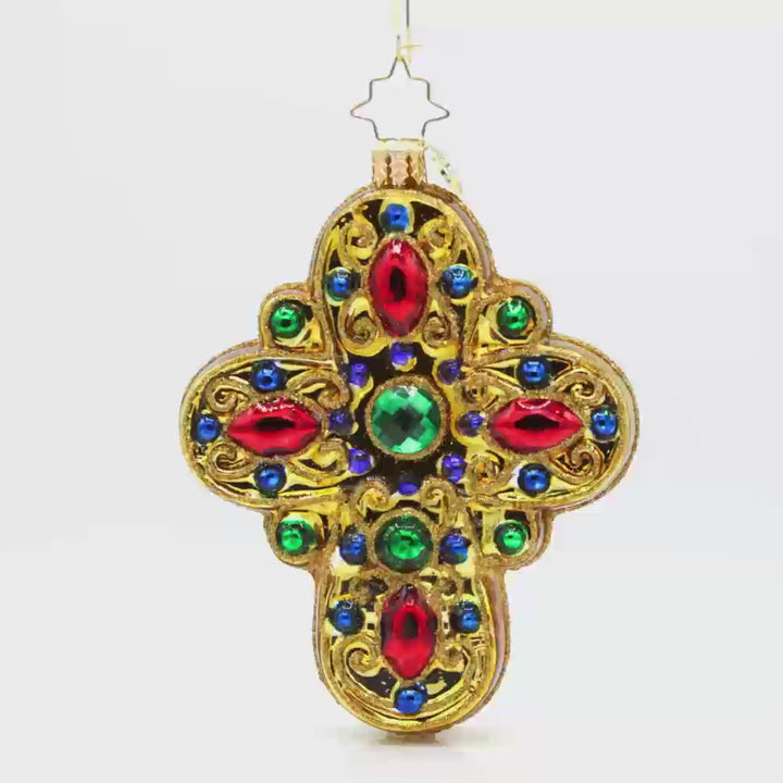 Heavenly Cross ornament. A gold cross with red, green, blue, and purple gems. Video.