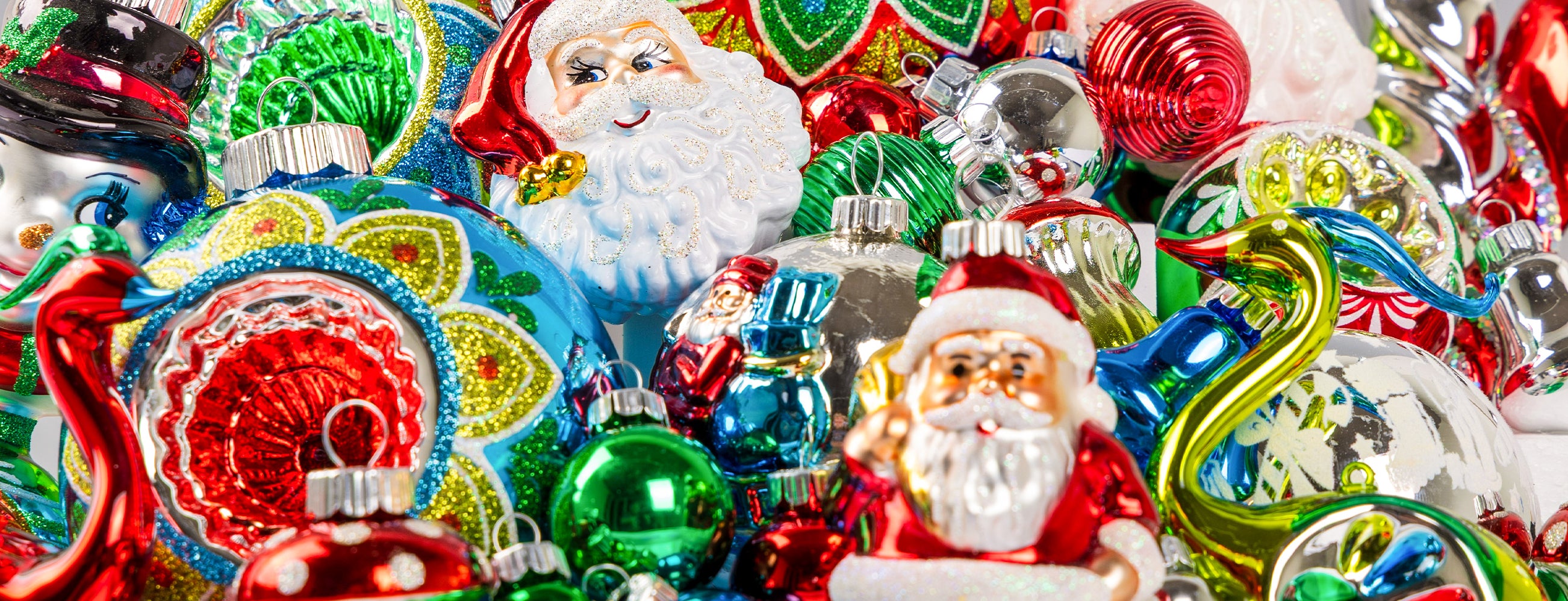 Featured Shiny Brite ornaments - traditional Christmas shapes and figures