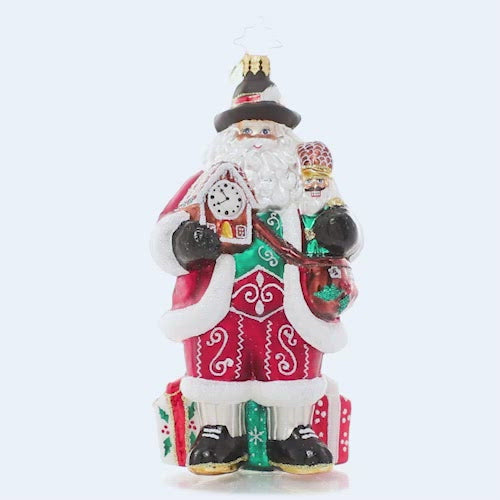 Video - Ornament Description - Wikommen Santa!: Frohe Weihnachten! From head to toe, Santa puts a Bavarian-inspired twist on his traditional Christmas dress. This video shows the ornament spinning slowly. 