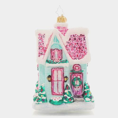 Video - Ornament Description - Charming Christmas Cottage: Imagine the comfort and cheer inside this tiny cottage! It glows from within, a festive wreath on its darling door.