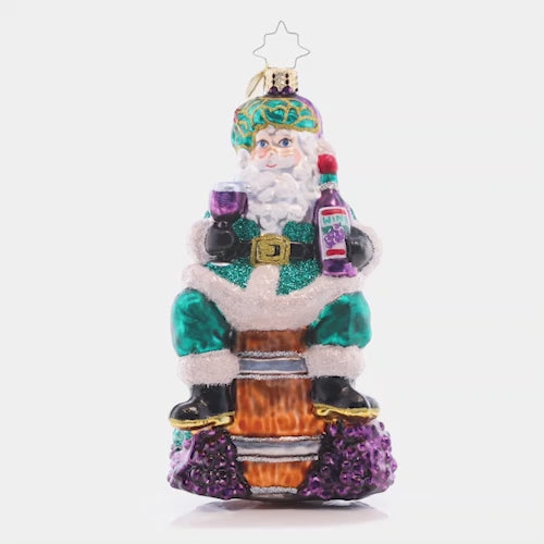 Video - Ornament Description - Time for Fine Wine Santa: Sip-sip-hooray! Sommelier santa sits atop a wine barrel and samples a delicious vintage vino to celebrate another wonderful holiday season. This video shows the ornament spinning slowly. 
