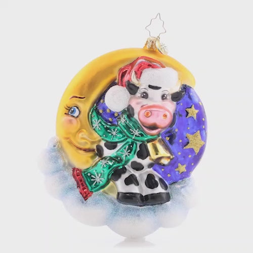 Video - Ornament Description - Over The Moon: Hey diddle, diddle! This little cow is totally over the moon for Christmas. Remember the nostalgic nursery rhyme with this classically cute ornament. This video shows the ornament spinning slowly. 