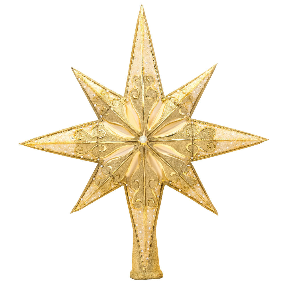 Front - Finial Description - Golden Radiance: This shimmering gold star will be the perfect crowning glory for a Radko-laden Christmas tree! Impress your guests with a magnificent tree topper upon the highest bough.