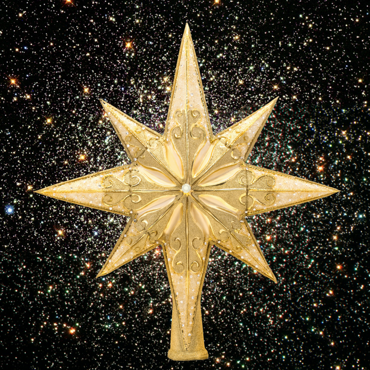 Finial Description - Golden Radiance: This shimmering gold star will be the perfect crowning glory for a Radko-laden Christmas tree! Impress your guests with a magnificent tree topper upon the highest bough.