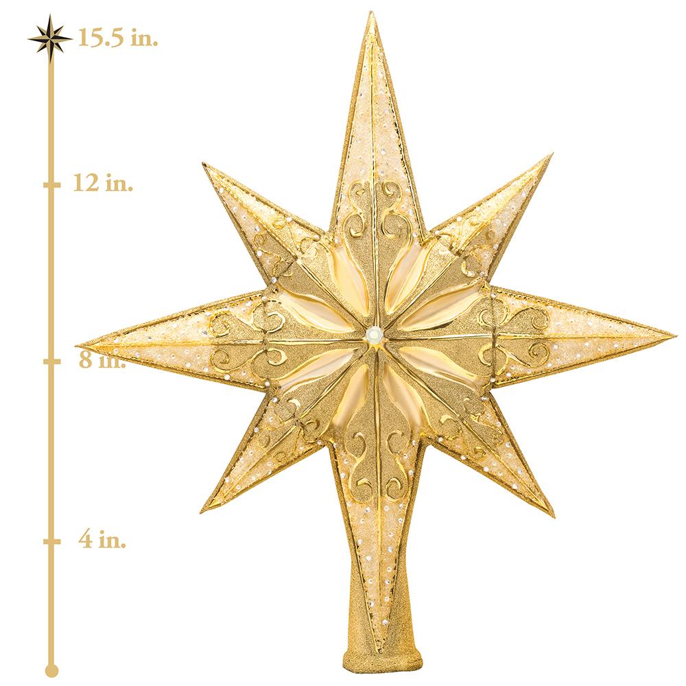 Finial Description - Golden Radiance: This shimmering gold star will be the perfect crowning glory for a Radko-laden Christmas tree! Impress your guests with a magnificent tree topper upon the highest bough. This photo shows the finial is about 15.5 inches tall.