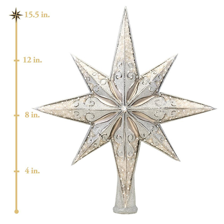 Finial Description - Silver Stellar: Be sure to hang this glistening star upon the very highest bough! This incandescent tree-topper is a wonderful complement to a tree filled with festive ornaments. This photo shows the finial is about 15.5 inches tall. 