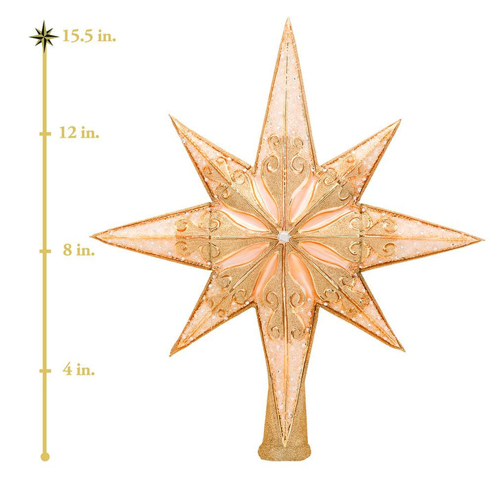 Finial Description - Champagne Stellar: Only the very highest bough will do for such a beautiful tree-topper. Crown an ornament-filled tree with this shimmering champagne-colored star! This photo shows the finial is about 15.5 inches tall.