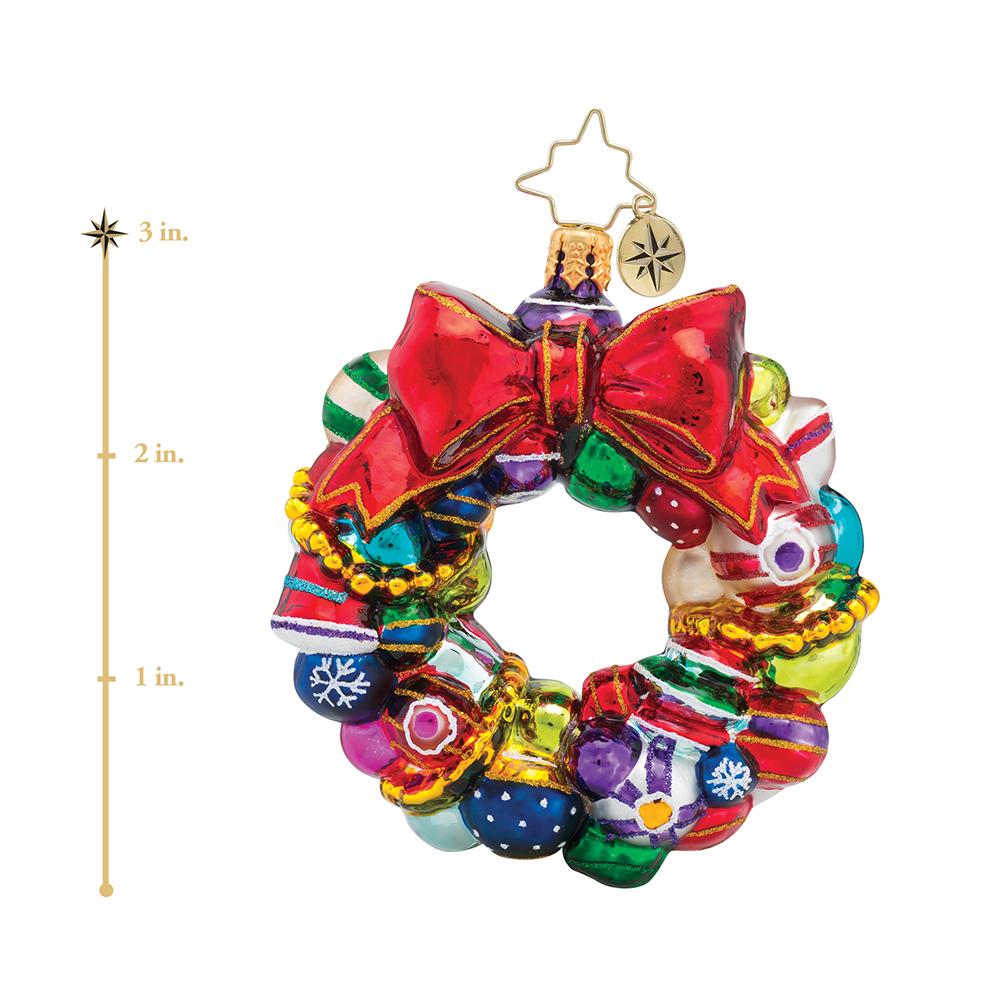 Ornament Description - Joyful Wreath Gem: If you're a fan of old-fashioned Christmas ornaments, this wreath will be a great addition to your tree! Itâ€™s got dozens of your favorite rounds and reflectors. This photo shows the ornament is about 3 inches tall. 