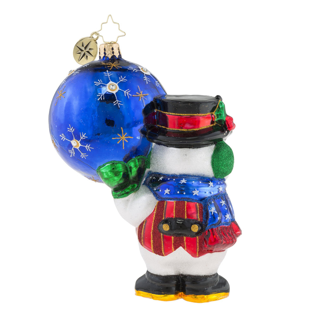 Back - Ornament Description: 2018 Was A Ball! - Sunny-faced snowman can't believe the year is almost over. With his "2018" ornament proudly lifted overhead, we hope he reserves some strength for the coming year.
