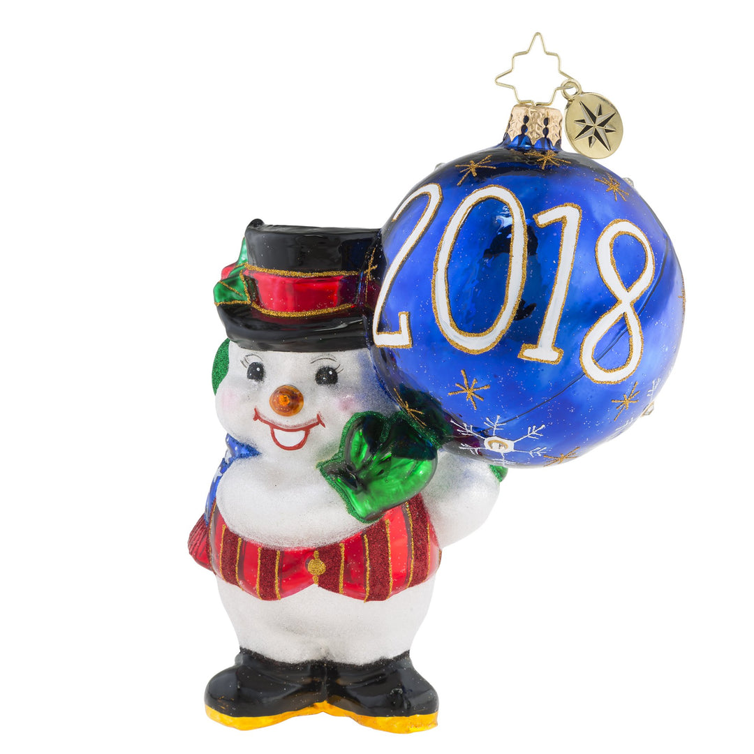 Ornaments - Description: 2018 Was A Ball! - Sunny-faced snowman can't believe the year is almost over. With his "2018" ornament proudly lifted overhead, we hope he reserves some strength for the coming year.