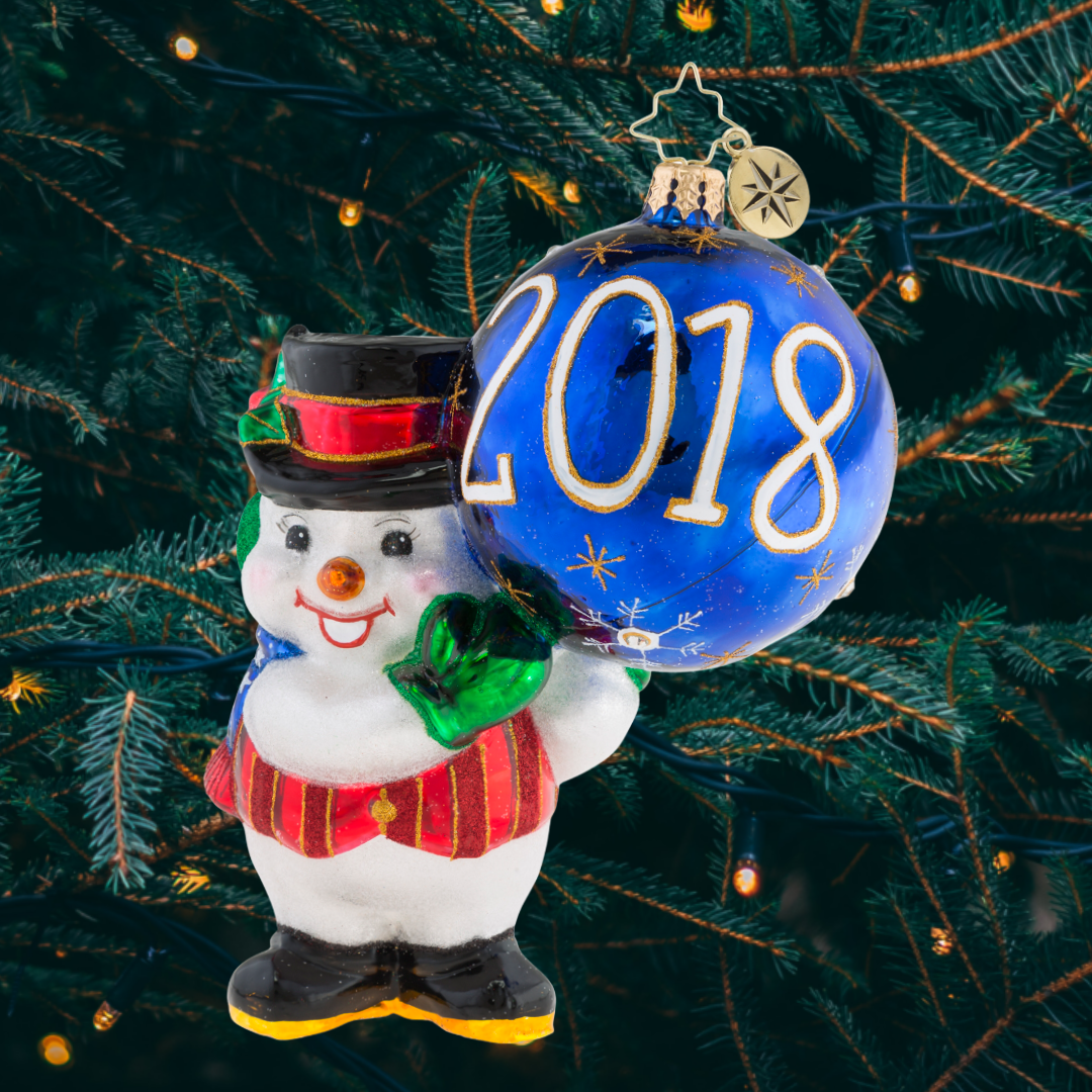 Sunny-faced snowman can't believe the year is almost over. With his "2018" ornament proudly lifted overhead, we hope he reserves some strength for the coming year.