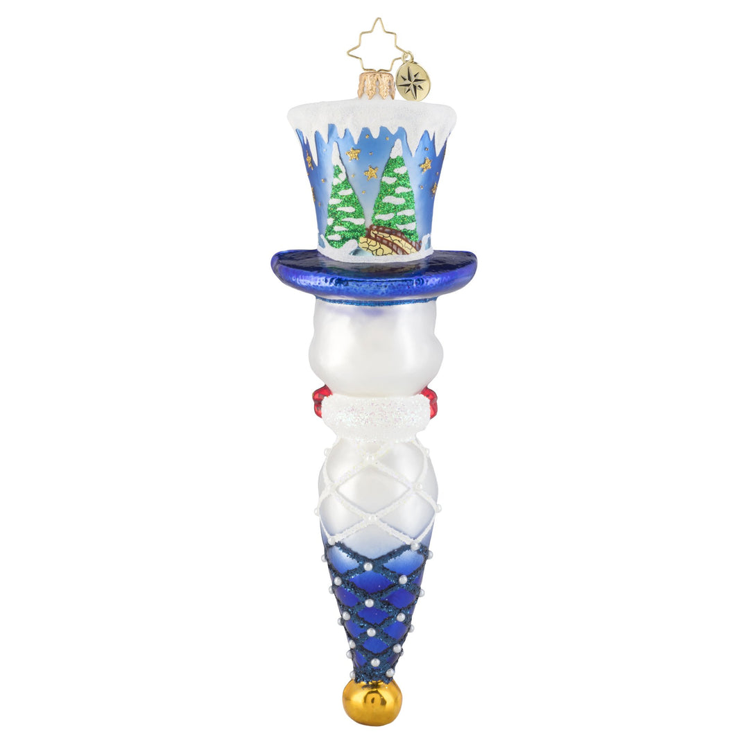 Back - Ornament Description - Jolly Top Hat Snowman: Joy for all to hear! This dapper snowman is wearing a custom top hat, featuring a quaint little cottage in a forest of freshly fallen snow. Watch as an inquisitive young doe checks out this peaceful scene.