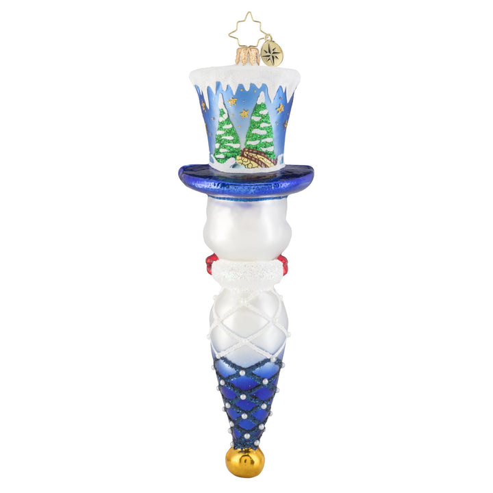 Back - Ornament Description - Jolly Top Hat Snowman: Joy for all to hear! This dapper snowman is wearing a custom top hat, featuring a quaint little cottage in a forest of freshly fallen snow. Watch as an inquisitive young doe checks out this peaceful scene.
