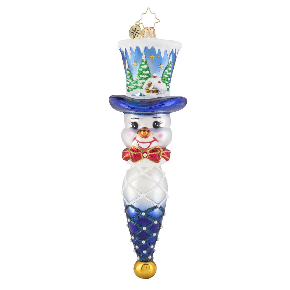 Front - Ornament Description - Jolly Top Hat Snowman: Joy for all to hear! This dapper snowman is wearing a custom top hat, featuring a quaint little cottage in a forest of freshly fallen snow. Watch as an inquisitive young doe checks out this peaceful scene.
