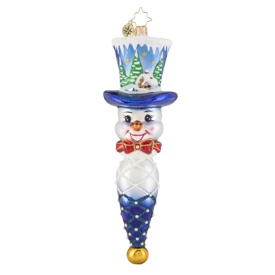 Front - Ornament Description - Jolly Top Hat Snowman: Joy for all to hear! This dapper snowman is wearing a custom top hat, featuring a quaint little cottage in a forest of freshly fallen snow. Watch as an inquisitive young doe checks out this peaceful scene.