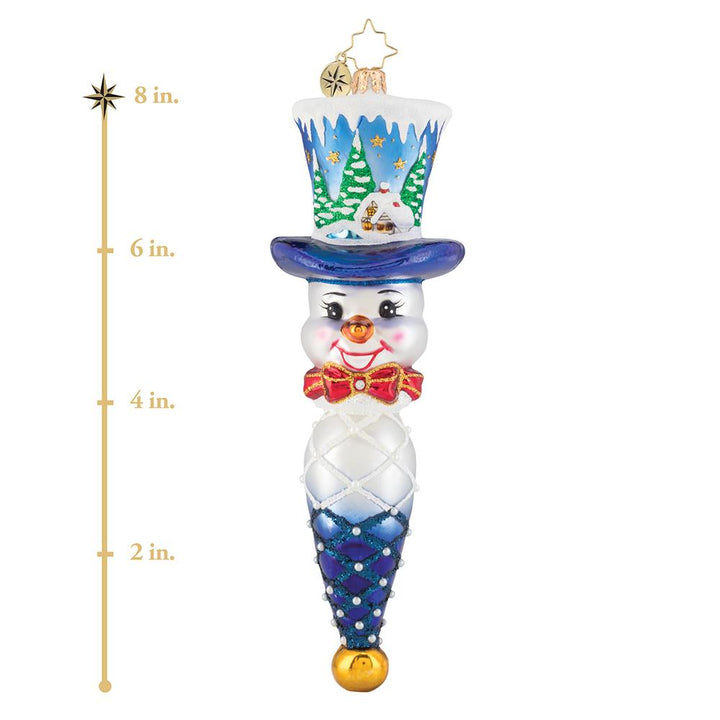 Ornament Description - Jolly Top Hat Snowman: Joy for all to hear! This dapper snowman is wearing a custom top hat, featuring a quaint little cottage in a forest of freshly fallen snow. Watch as an inquisitive young doe checks out this peaceful scene. This photo shows the ornament is about 8 inches tall.