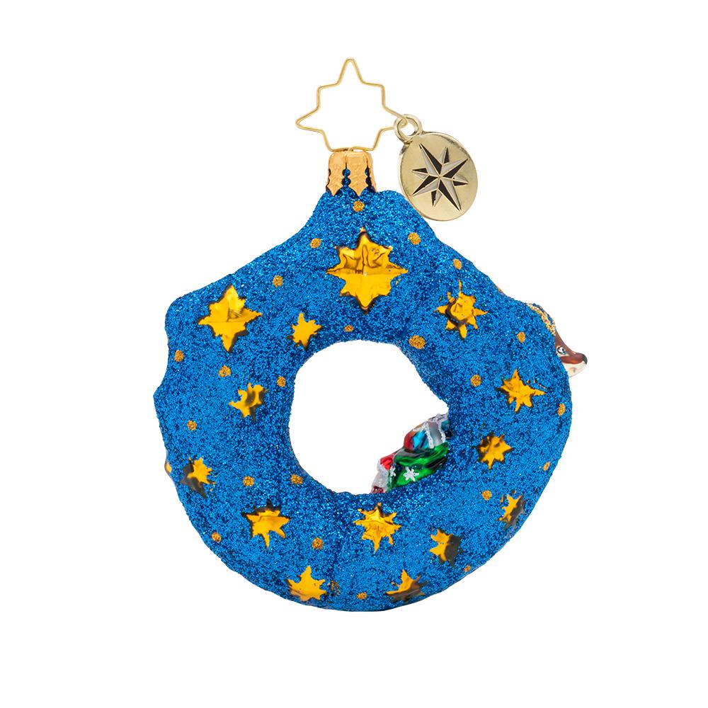 Back - Ornament Description - Santa's Midnight Ride Gem: Flying through the midnight sky, Santa and his reindeer partners are ready to deliver gifts this Christmas Eve!