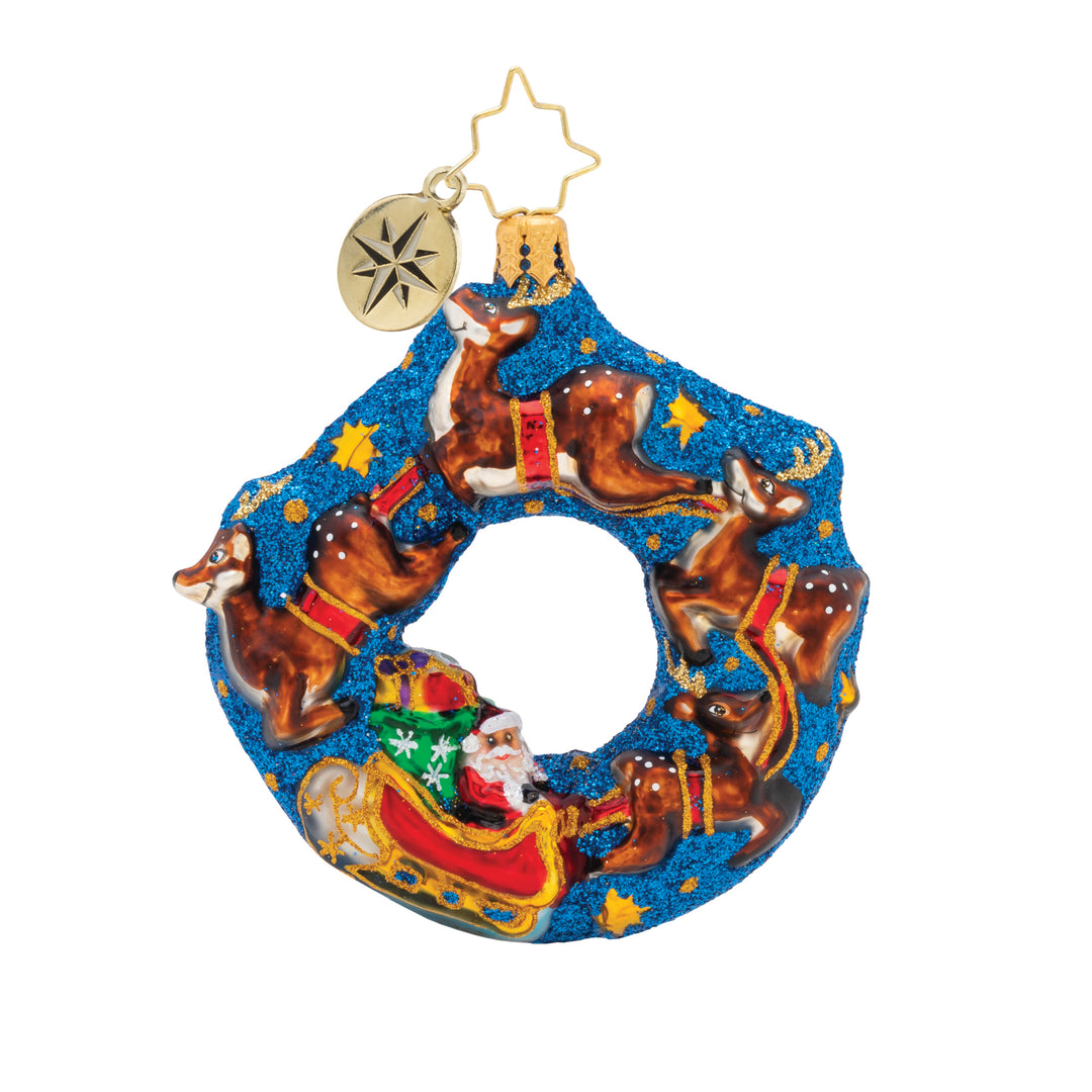 Front - Ornament Description - Santa's Midnight Ride Gem: Flying through the midnight sky, Santa and his reindeer partners are ready to deliver gifts this Christmas Eve!