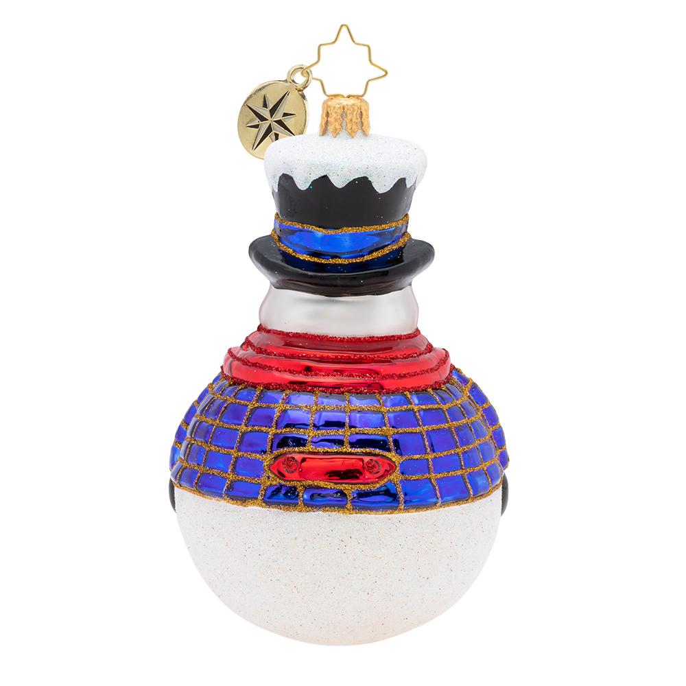 Back - Ornament Description - Jolly All A-Round Snowman!: Round and round, he rolls! Our dapper snowman is ready for winter with his warm red scarf and adorable top hat!