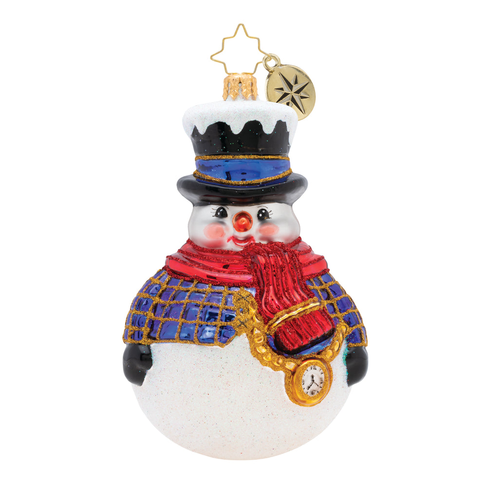 Front - Ornament Description - Jolly All A-Round Snowman!: Round and round, he rolls! Our dapper snowman is ready for winter with his warm red scarf and adorable top hat!