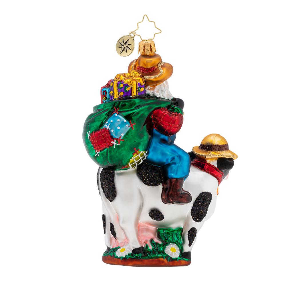 Back - Ornament Description - Farner Nick: Hey y'all! Have you ever seen anything more country than Santa riding a cow? No need to worry, Santa will make all his deliveries on time!