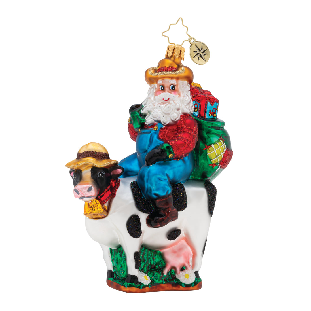 Ornament Description - Farner Nick: Hey y'all! Have you ever seen anything more country than Santa riding a cow? No need to worry, Santa will make all his deliveries on time!