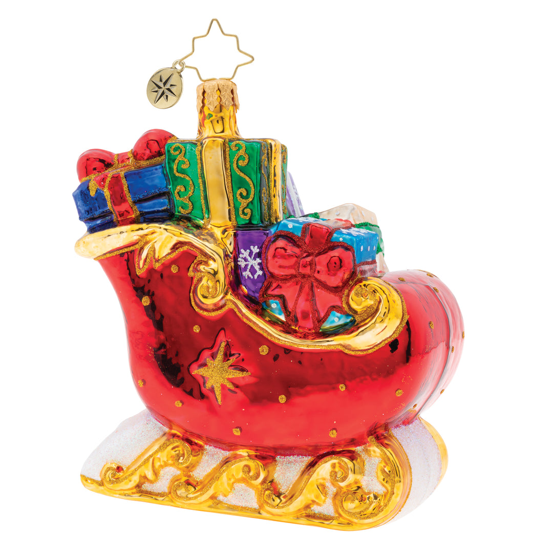 Front - Ornament Description - Sleigh Full of Delights!: What a Brilliant Treasure! This bright red Christmas sleigh is adorned with golden accents and topped with lovely gifts wrapped with care.