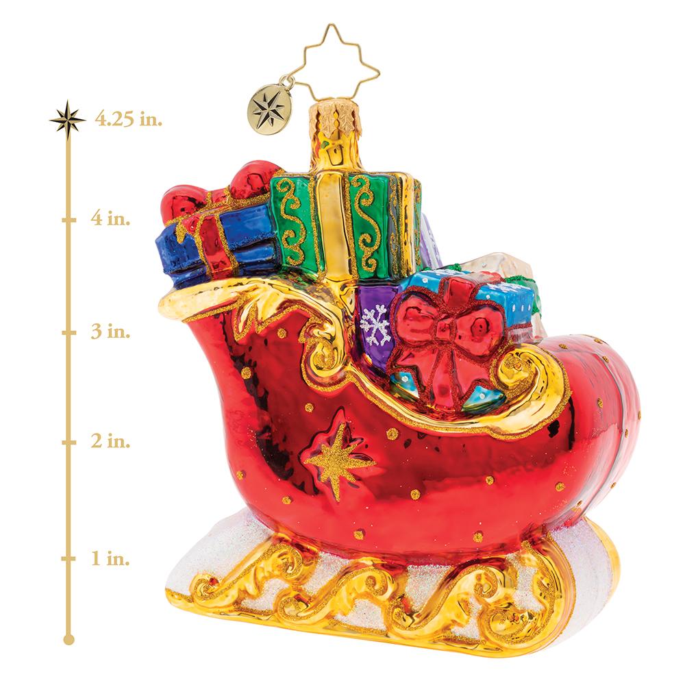 Ornament Description - Sleigh Full of Delights!: What a Brilliant Treasure! This bright red Christmas sleigh is adorned with golden accents and topped with lovely gifts wrapped with care. This photo shows the ornament is about 4.25 inches tall. 