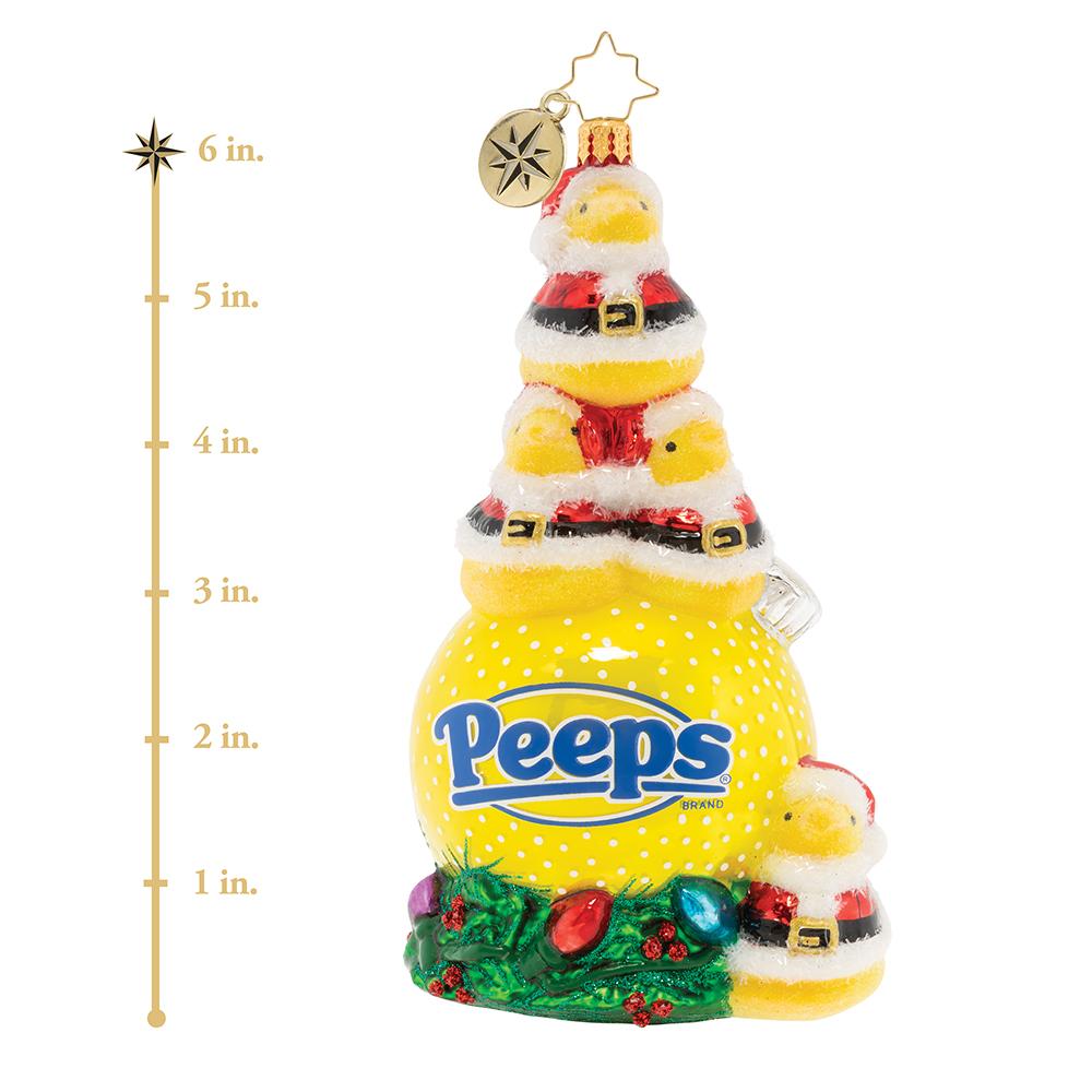 Ornament Description - A PEEP-ing Holiday!: Dressed to the nines in their finest Santa suits, these PEEPSÂ® are ready to celebrate the holiday season! More than just stocking stuffers, these iconic chicks are eager to adorn your Christmas tree. This photo shows the ornament is about 6 inches tall.