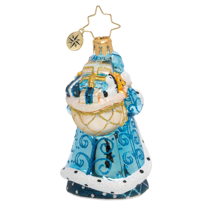 Back - Ornament Description - Debonair Winter Santa Gem: With his bag of gifts in one hand, and a charming chickadee in the other, Santa will weather any storm to get his presents delivered in time for Christmas Eve!