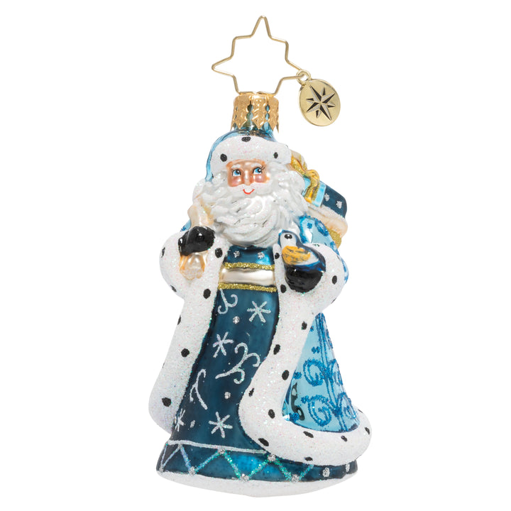 Front - Ornament Description - Debonair Winter Santa Gem: With his bag of gifts in one hand, and a charming chickadee in the other, Santa will weather any storm to get his presents delivered in time for Christmas Eve!