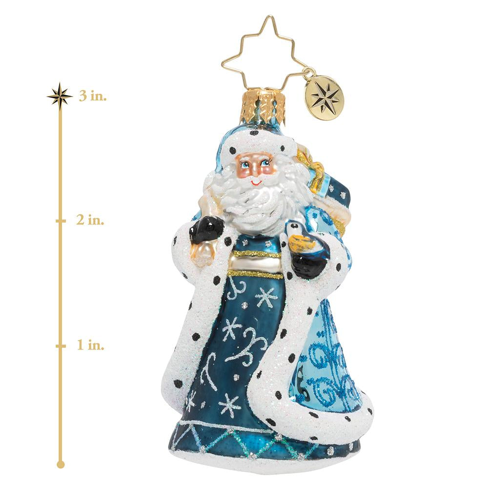 Ornament Description - Debonair Winter Santa Gem: With his bag of gifts in one hand, and a charming chickadee in the other, Santa will weather any storm to get his presents delivered in time for Christmas Eve! This photo shows the ornament stands about 3 inches tall. 