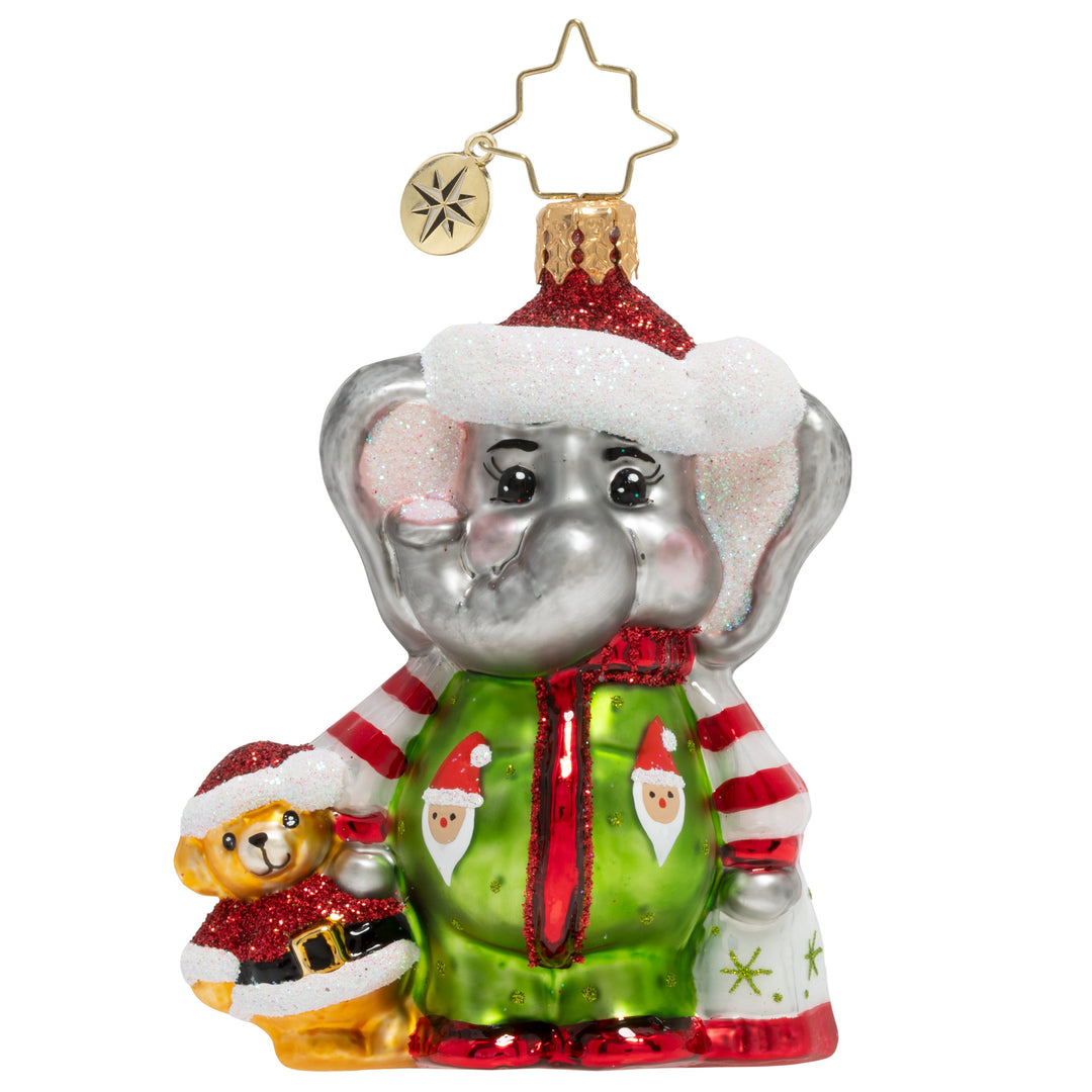 Ornament Description - Sleep Tight Baby Elephant Gem: With his best pal in hand, this tiny elephant is ready for bed! No doubt, visions of sugarplum fairies will dance in his head!