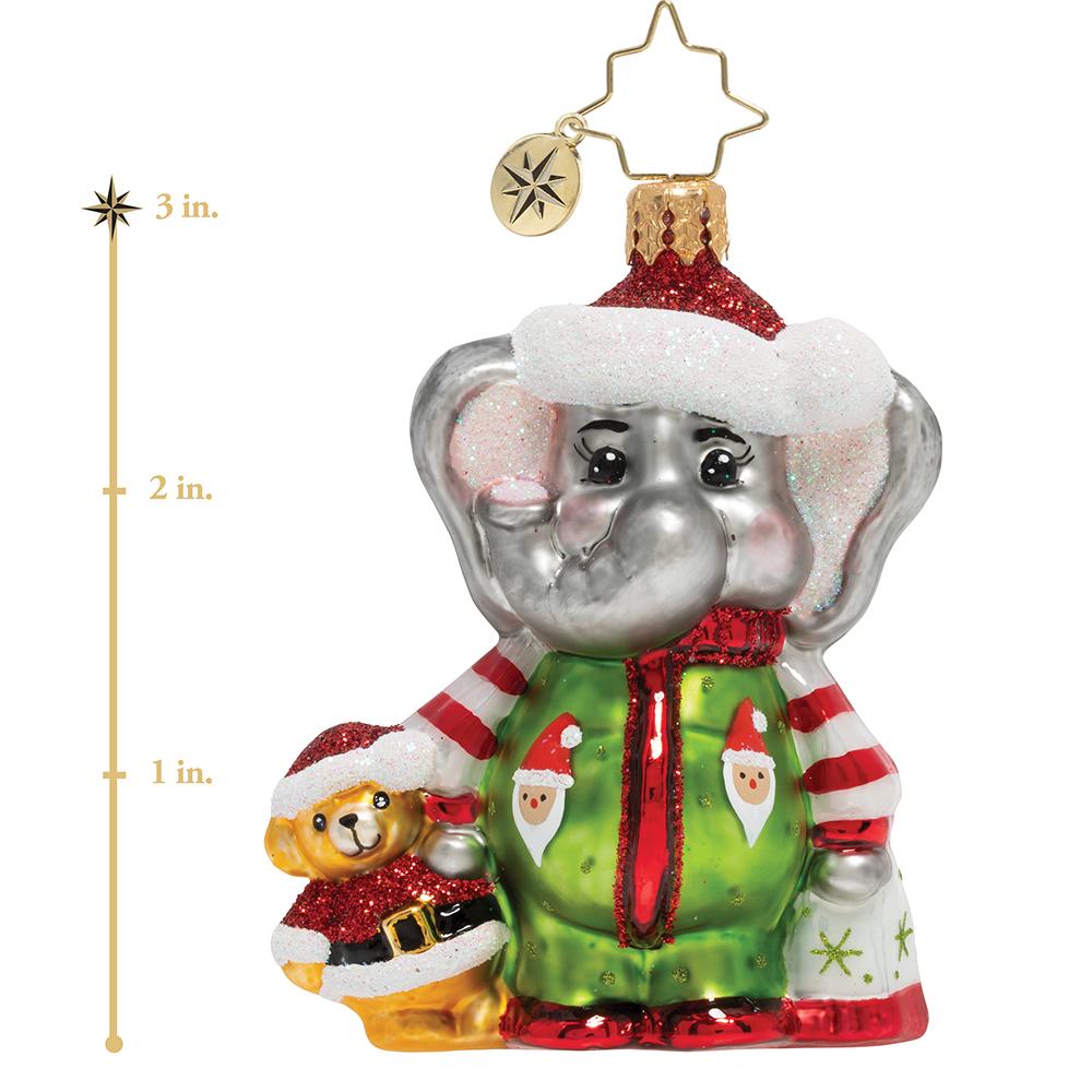 Ornament Description - Sleep Tight Baby Elephant Gem: With his best pal in hand, this tiny elephant is ready for bed! No doubt, visions of sugarplum fairies will dance in his head! This photo shows the ornament is about 3 inches