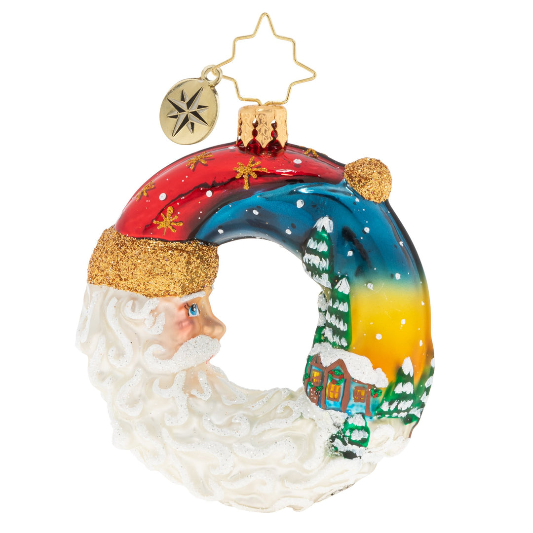 Front - Ornament Description - Santa's Silent Night Wreath Gem: A night both silent and stunning. Santa basks in a brilliant sunset as the sun gives way to the moon.