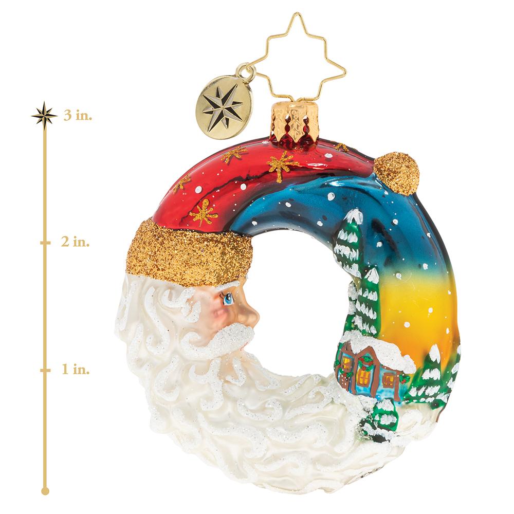 Ornament Description - Santa's Silent Night Wreath Gem: A night both silent and stunning. Santa basks in a brilliant sunset as the sun gives way to the moon. This photo shows the ornament is about 3 inches tall. 