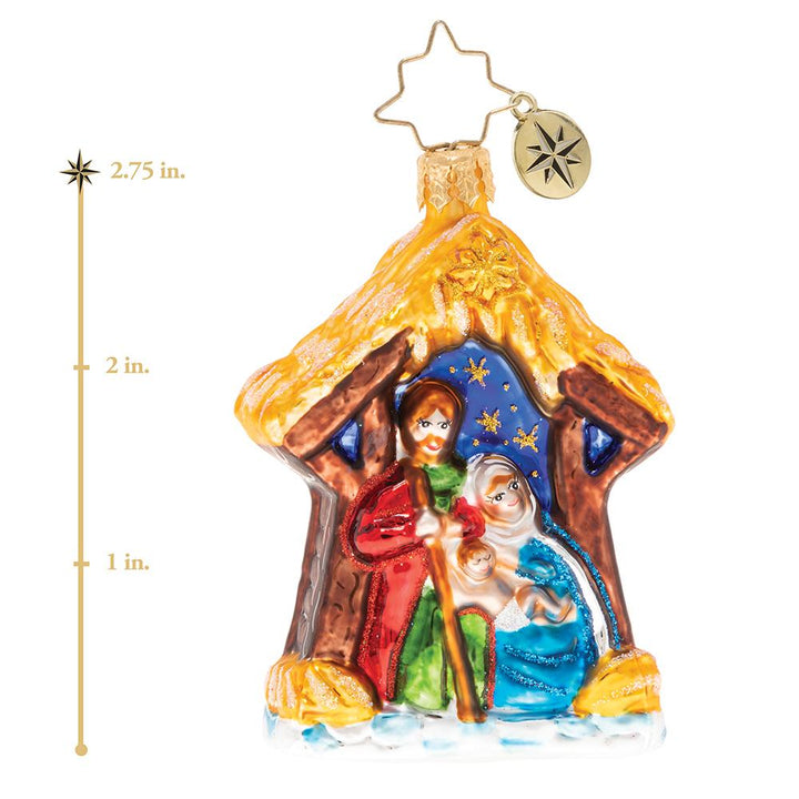Ornament Description - Miracle in the Manger Gem: On a quiet December night in Bethlehem, a miracle took place. The son of Mary and Joseph, Jesus came into the world to bless us with his grace. This photo shows the ornament is about 2.75 inches tall. 