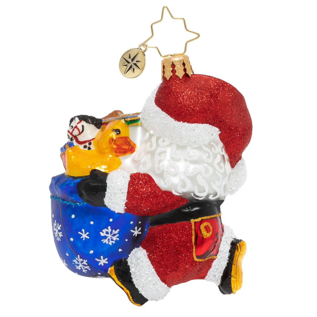 Back - Ornament Descripion - Hurry Santa Gem: Santa is hustling just as fast as he can! He's ready to celebrate baby's first Christmas and he simply won't waste a single minute.