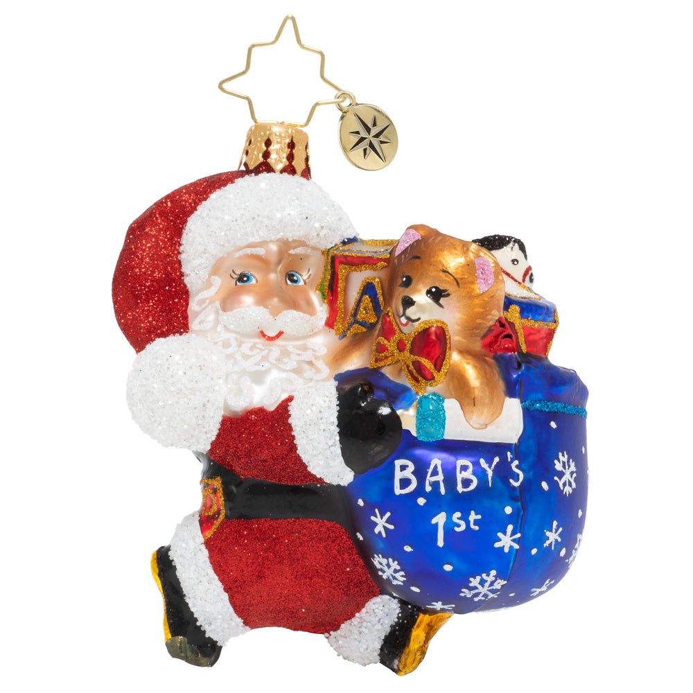 Front - Ornament Descripion - Hurry Santa Gem: Santa is hustling just as fast as he can! He's ready to celebrate baby's first Christmas and he simply won't waste a single minute.