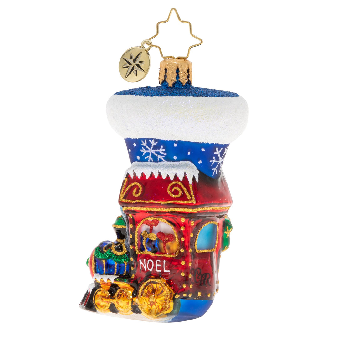 Back - Ornament Description - Noel Express Stocking Gem: Look what just pulled into the station! It's the Noel Express, ready to whisk you away and take you on a Christmas vacation.