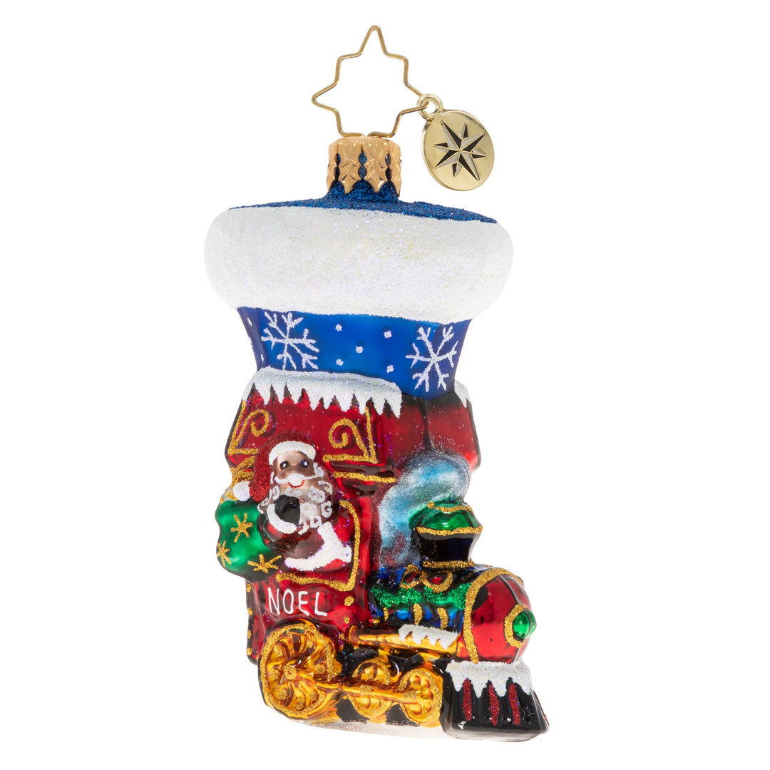 Front - Ornament Description - Noel Express Stocking Gem: Look what just pulled into the station! It's the Noel Express, ready to whisk you away and take you on a Christmas vacation.