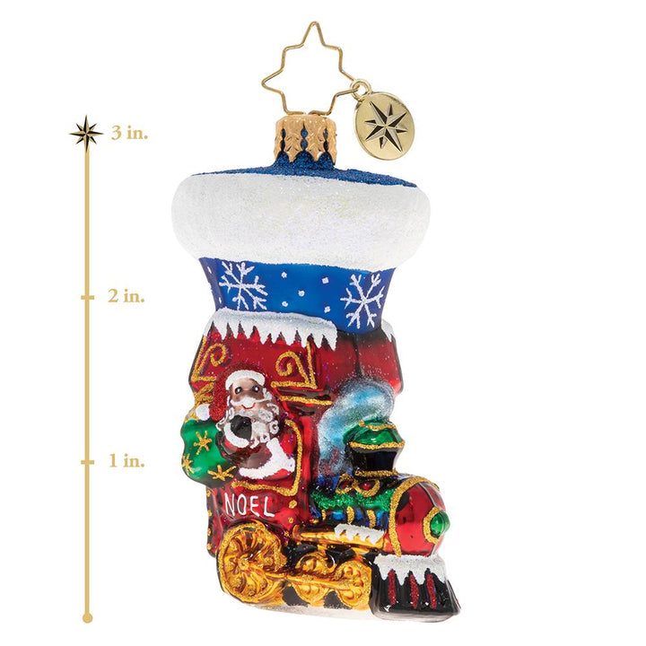 Ornament Description - Noel Express Stocking Gem: Look what just pulled into the station! It's the Noel Express, ready to whisk you away and take you on a Christmas vacation. This photo shows the ornament is about 3 inches tall. 