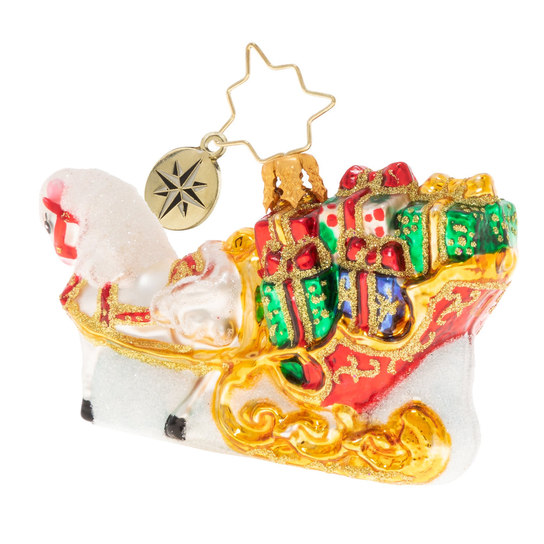 Back - Ornament Description - Speedy Christmas Sleigh Gem: Hey, who are you calling a show pony? Just because he's a pageant horse, doesn't mean he can't pull his own weight. Beauty, brains, and brawn: this horse is the ultimate trifecta.
