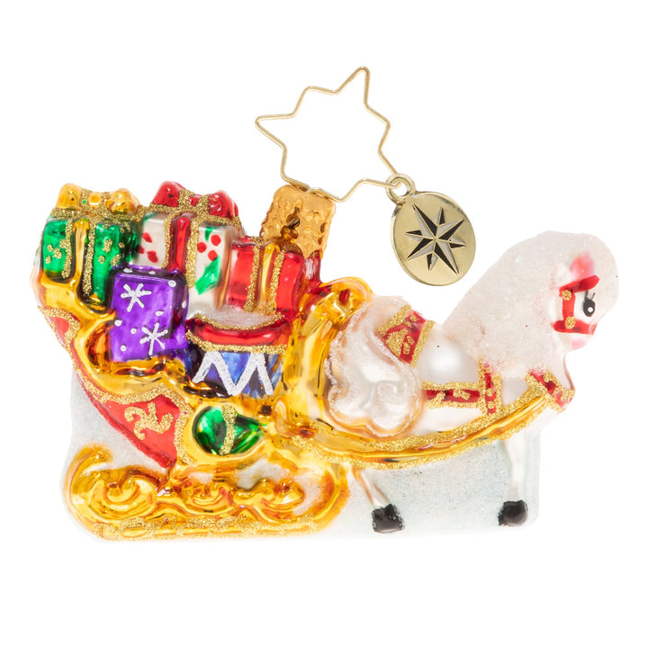 Front - Ornament Description - Speedy Christmas Sleigh Gem: Hey, who are you calling a show pony? Just because he's a pageant horse, doesn't mean he can't pull his own weight. Beauty, brains, and brawn: this horse is the ultimate trifecta.