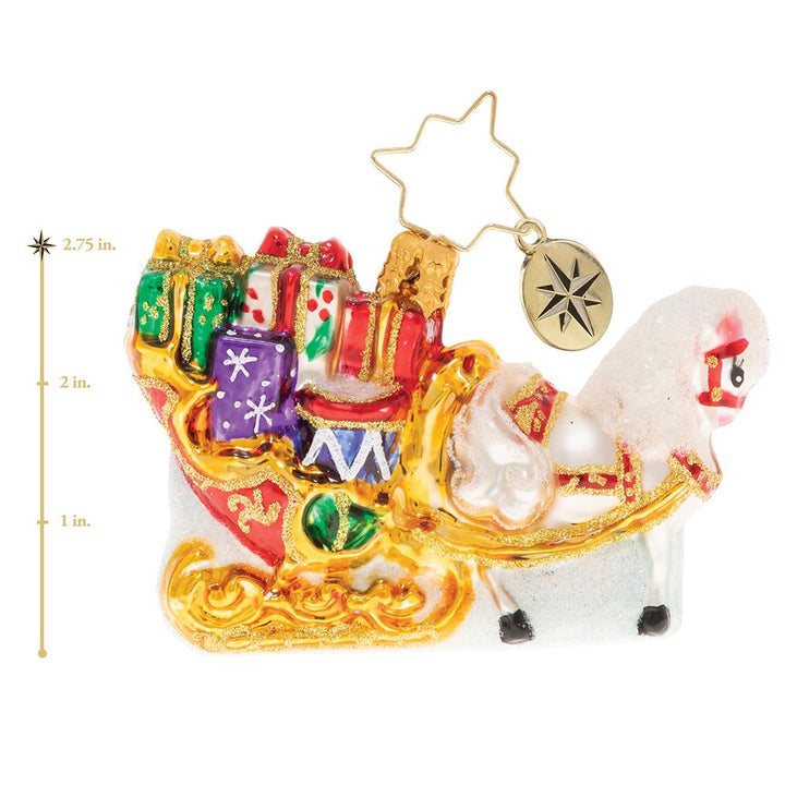 Ornament Description - Speedy Christmas Sleigh Gem: Hey, who are you calling a show pony? Just because he's a pageant horse, doesn't mean he can't pull his own weight. Beauty, brains, and brawn: this horse is the ultimate trifecta. This photo shows the ornament is about 2.75 inches tall. 