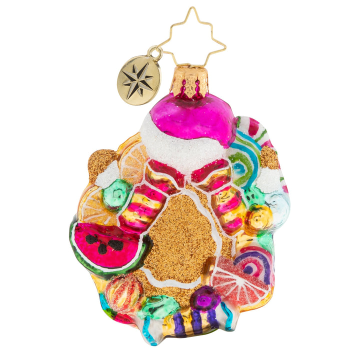 Back - Ornament Description - Popping Out Surprise Gem: Surprise! The gingerbread man has arrived. And he's bursting with delight that Christmas is almost here.