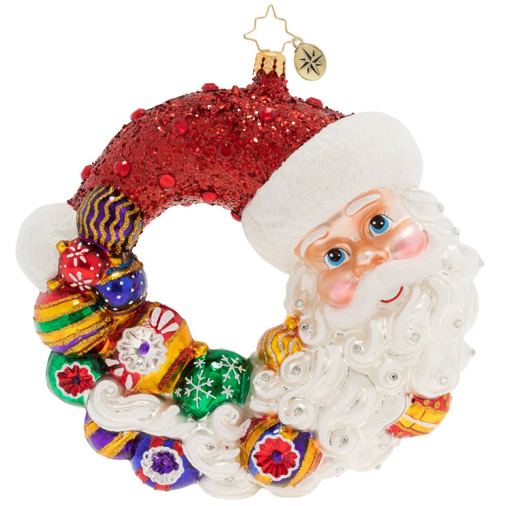 Front - Ornament Description - Santa Comes Full Circle Wreath: Santa can't believe another Christmas has come full circleâ€”he's checked off his entire to-do list and tied up all his loose ends! He'll get right on planning for next year, but first, he's going to relax with family and friends.