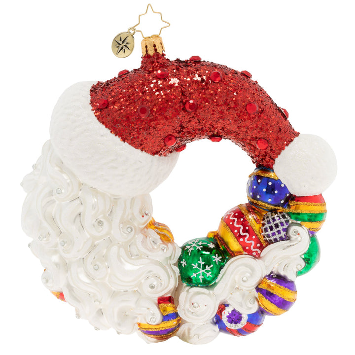 Back - Ornament Description - Santa Comes Full Circle Wreath: Santa can't believe another Christmas has come full circleâ€”he's checked off his entire to-do list and tied up all his loose ends! He'll get right on planning for next year, but first, he's going to relax with family and friends.